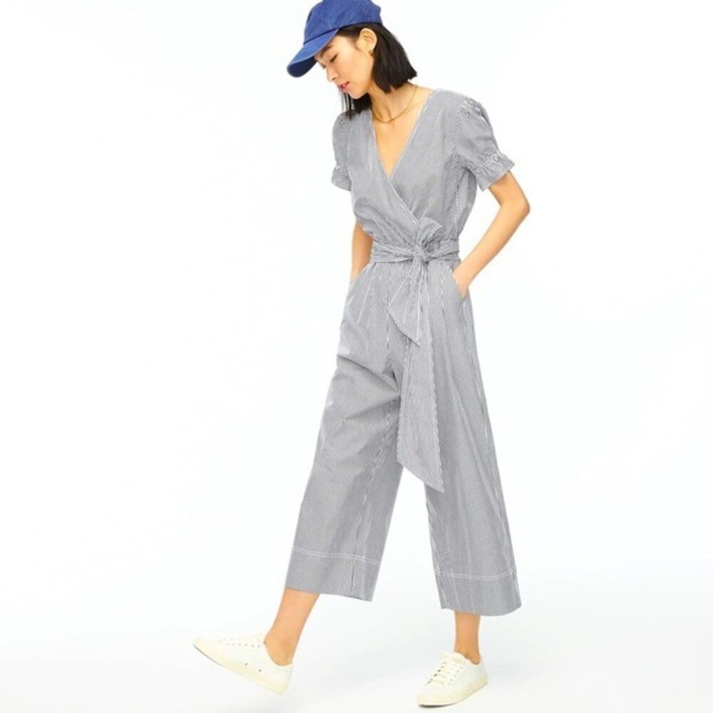 J Crew Blue White Striped Stretch Cotton Poplin Jumpsuit Size 6T 6 Tall